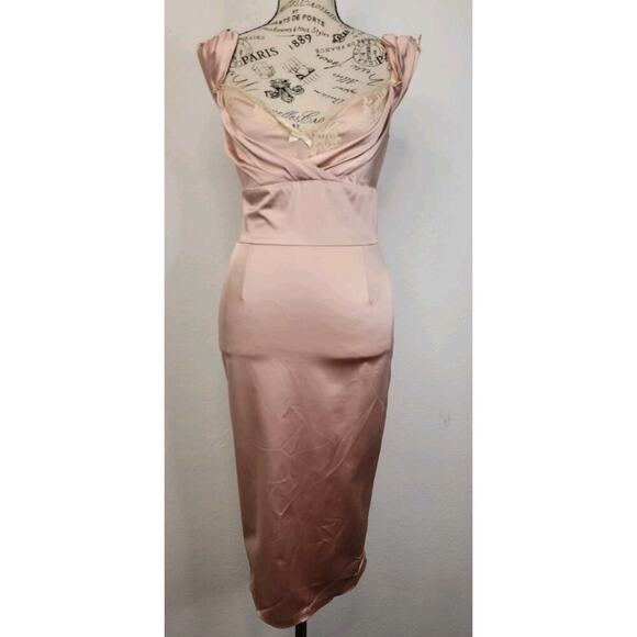 Diva Corsets Bodycon Midi Dress Sz Small Satin Blush Lace Trim Regencycore Fairy - Picture 2 of 10